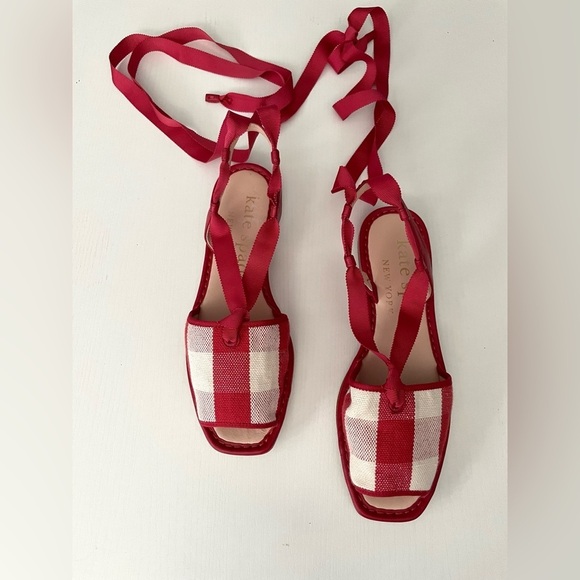 Kate Spade MAGGIE GINGHAM ANKLE WRAP FLAT SANDALS IN GINGHAM LAVA FALLS Red 6 - Picture 5 of 8